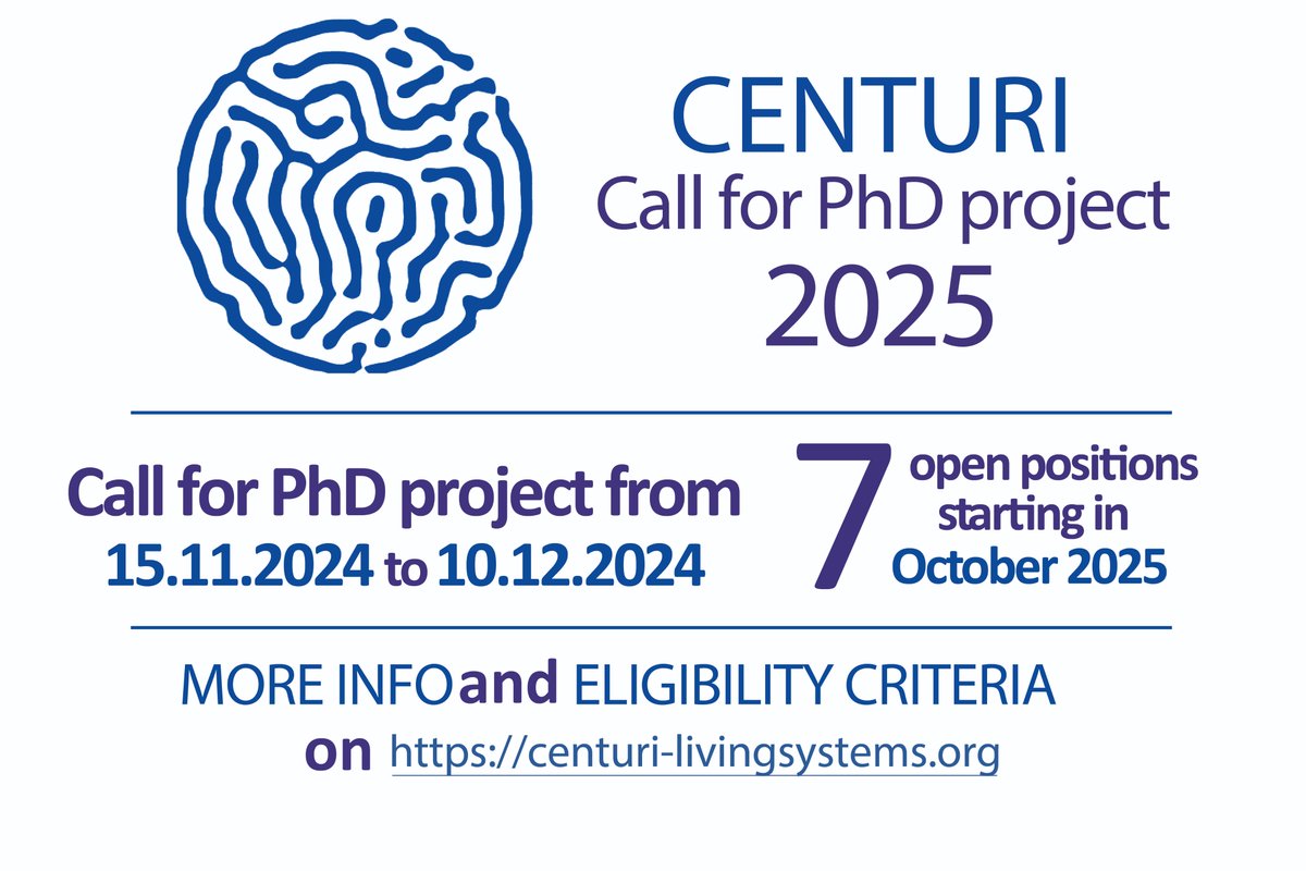 CENTURI - Turing Centre for Living Systems (@centuri_ls) on Twitter photo CENTURI Call for PhD Project 2025 is open!
For more details and eligibility criteria contact info@centuri-livingsystems.org CENTURI Call for PhD Project 2025 is open!
For more details and eligibility criteria contact info@centuri-livingsystems.org