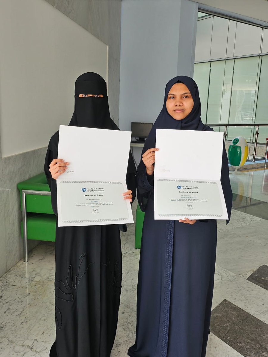 Dinesh Shetty (@drd8264) on Twitter photo I am glad to share that two of my PhD students won Khalifa University graduate research award. Safa Gaber won Elite Yound Researcher Award, and Mahira Bashri won the Outstanding Graduate Student Award. I hope such recognition encourage them to love science more. <a href="/KhalifaUni/">ุฌุงู
ุนุฉ ุฎูููุฉ ููุนููู
ูุงูุชูููููุฌูุง</a> I am glad to share that two of my PhD students won Khalifa University graduate research award. Safa Gaber won Elite Yound Researcher Award, and Mahira Bashri won the Outstanding Graduate Student Award. I hope such recognition encourage them to love science more. <a href="/KhalifaUni/">ุฌุงู
ุนุฉ ุฎูููุฉ ููุนููู
ูุงูุชูููููุฌูุง</a>