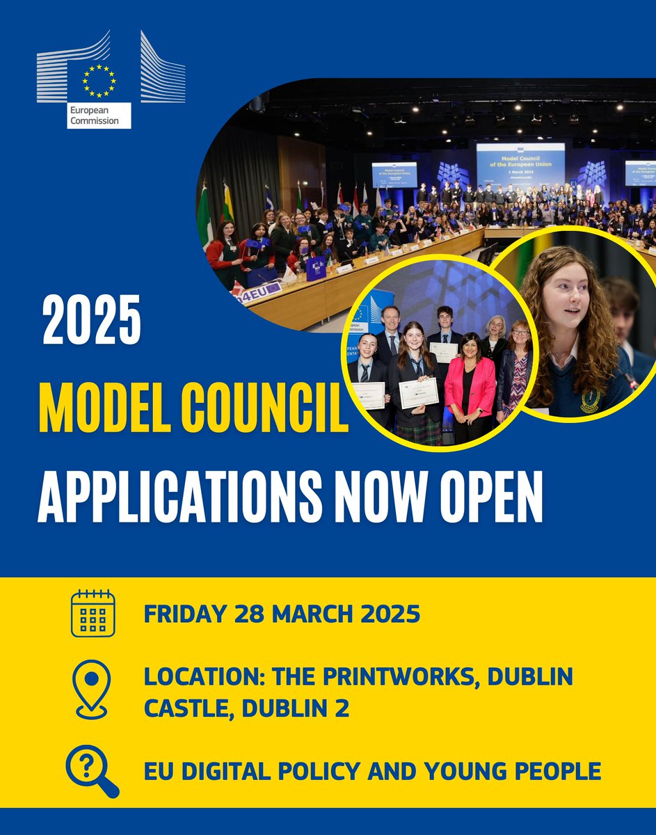 📢Calling Secondary School Teachers

Do your students want to take part in our Model Council of the EU debate competition?

📅Friday 28 Mar 2025
📍 Dublin Castle
🗣️Topic: EU Digital Policy &amp; Young People

Apply online now: europa.eu/!qcWJYD
⌛️Deadline: 5pm, Wed. 18 December