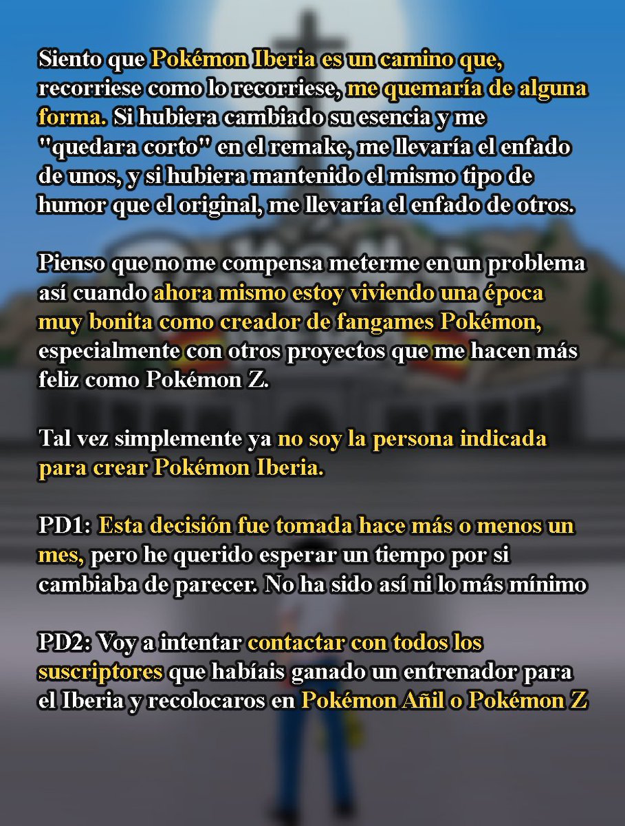 Eric_Lostie's tweet photo. Siento mucho haberos fallado esta vez.

Pokémon Iberia Remake queda cancelado de forma definitiva.

Os comparto unas palabras personales. https://t.co/FdbkiPNrTc