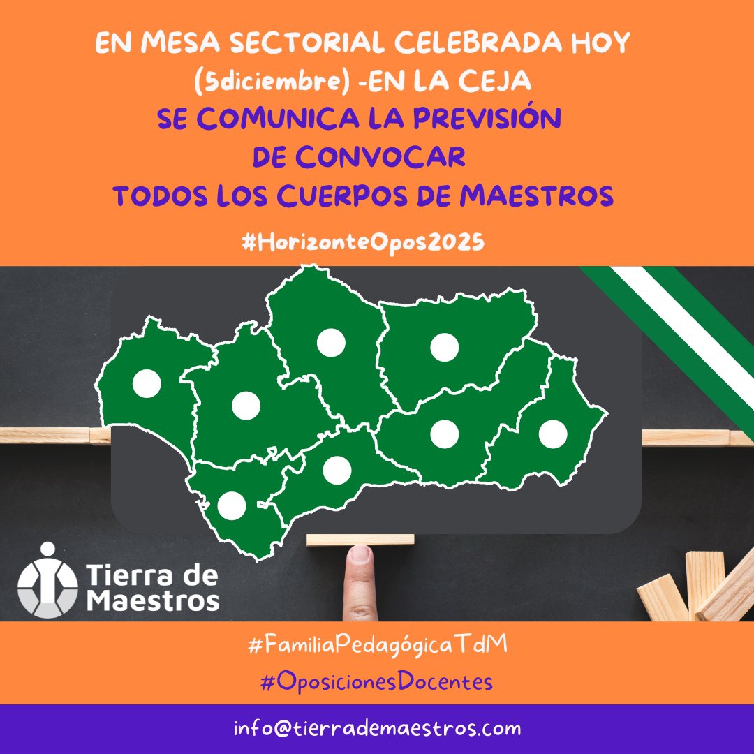 🧡🧡🧡🗞️🗞️ En Mesa Técnica de la #ConsejeríadeEducación  se comunica la intención de convocar en 2025 
💙 #Todos 
💙 #CuerposdeMaestros.

✅ La #convocatoria de oposiciones podría salir a finales de febrero.

#Oposicionesdocentes #TierradeMaestros #SerMaestro #EticaenOposiciones
