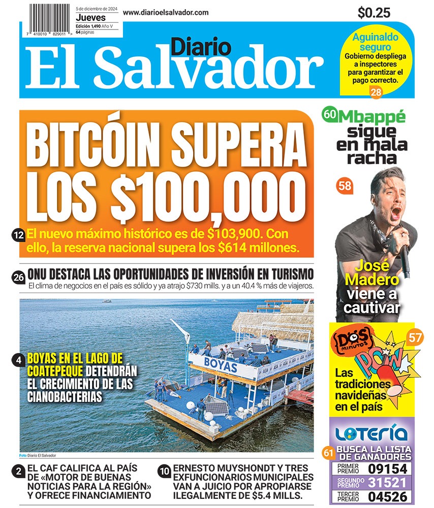 Buen día! Te compartimos la portada de @elsalvador de este jueves 5 de  diciembre, donde destacamos el hecho histórico de que #bitcoin ha  sobrepasado por primera vez los $100,000.