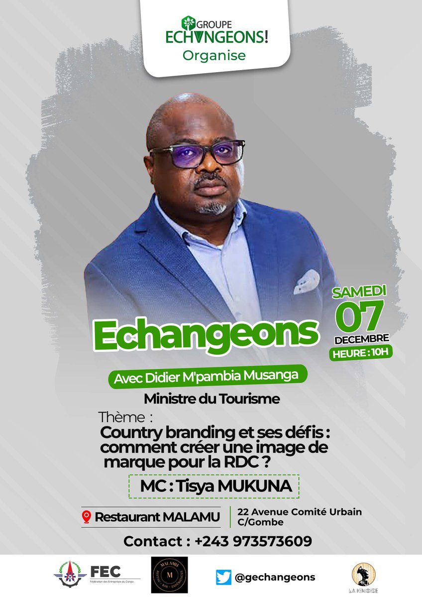 CafeKinoise's tweet photo. Le café LA KINOISE est fier d’accompagner le groupe ÉCHANGEONS pour ce nouvel échange.  ☕️🇨🇩
Le rendez-vous est fixé pour ce samedi 07 décembre à 10 h, pour échanger avec le ministre du Tourisme,SEM. @Nebianshu , au restaurant MALAMU. 📍22 Avenue Comité Urbain, Gombe.

Thème : Le branding national et ses enjeux. Comment construire une réputation pour la République démocratique du Congo ?