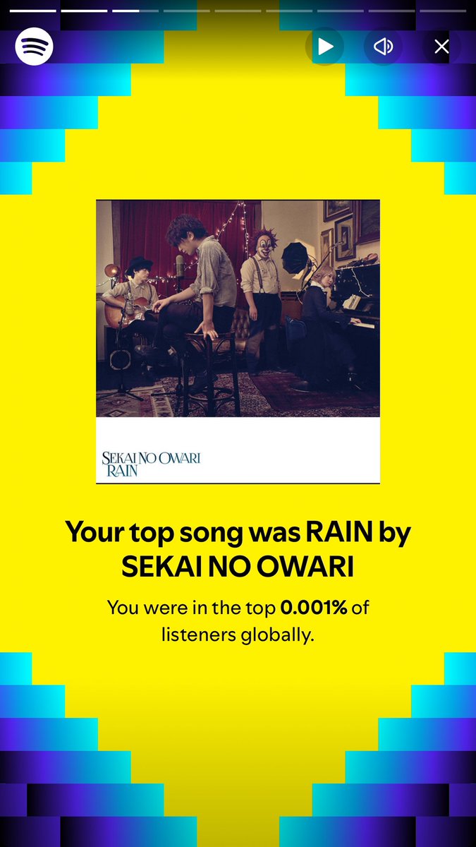 BriskDolphin's tweet photo. Spotifyが今年も集計してくれた結果！セカオワファンのトップ0.005%に入れた〜😆一番聴いてたのがRAINってのは意外だった。早くも来年のランキングが楽しみ♫

ストレス感じると愛犬をモフモフしに行くか深瀬くんの声を聴いて癒されるかで乗り切った2024年！

#SEKAINOOWARI 
#セカオワ https://t.co/NvhtN1KdXG
