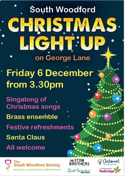 Join the South Woodford Christmas lights 🎄 switch-on &amp; festive songs with Oakdale Choir, Redbridge Music Lounge, &amp; Brook Brass.  Meet Woodford Panto characters &amp;  festive refreshments. This free event is held at the South Woodford Roundabout, George Lane on Fri 6 Dec at 3:30pm.