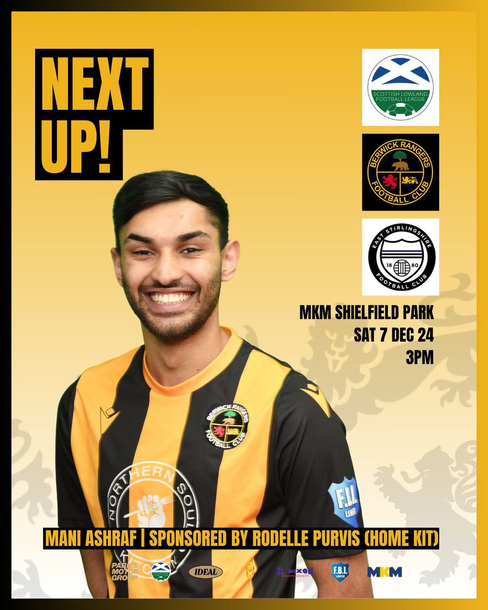 OfficialBRFC's tweet photo. ⚽️ | Saturdays home game.

The ‘Gers play at home against East Stirlingshire on Saturday 7th December.

Kick off is at 3pm.

We hope to see you there cheering in the stands.

🖤💛 https://t.co/1ALBA7B4Wc