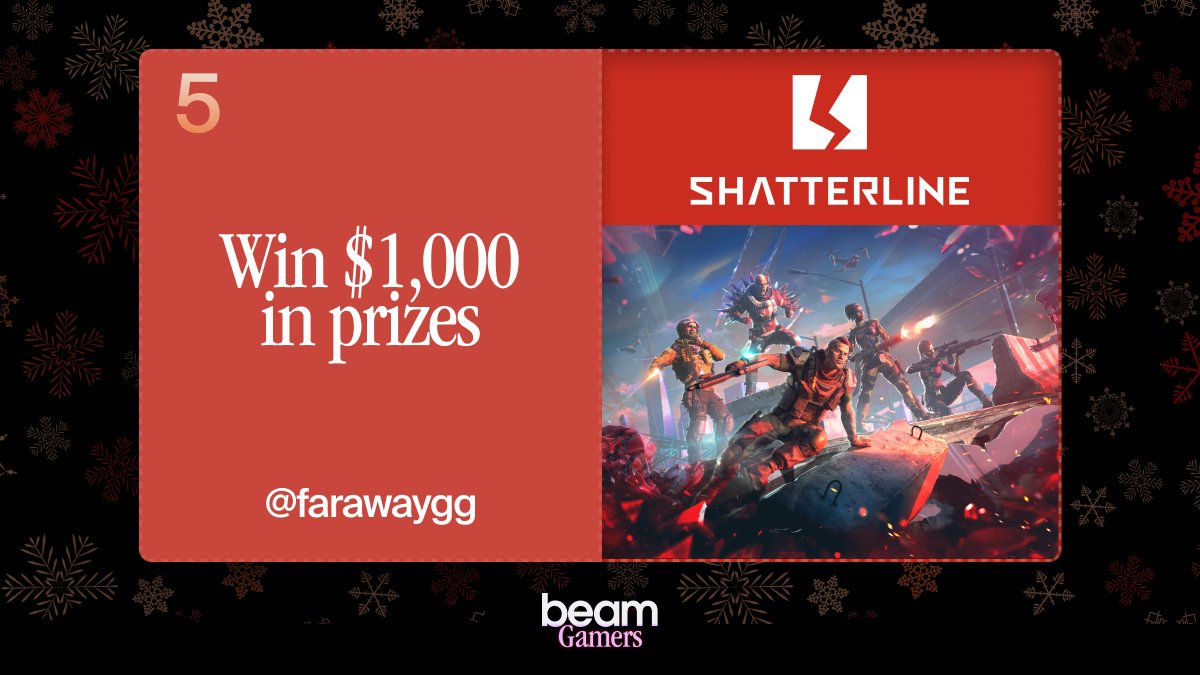 BeamGamers's tweet photo. 🌈 Beam Advent Calendar Day 5: Shatterline🎁

Adventures await behind each door!🏆🎄

Today's challenge:
1⃣ Follow @BeamGamers &amp; @farawaygg!   
2⃣ RT this post
3⃣ Complete the quests: https://t.co/l6LUNNEOeE

For a chance to win $1000 in prizes! 🎅
200 total winners!🥇 https://t.co/31G1MRgDBG