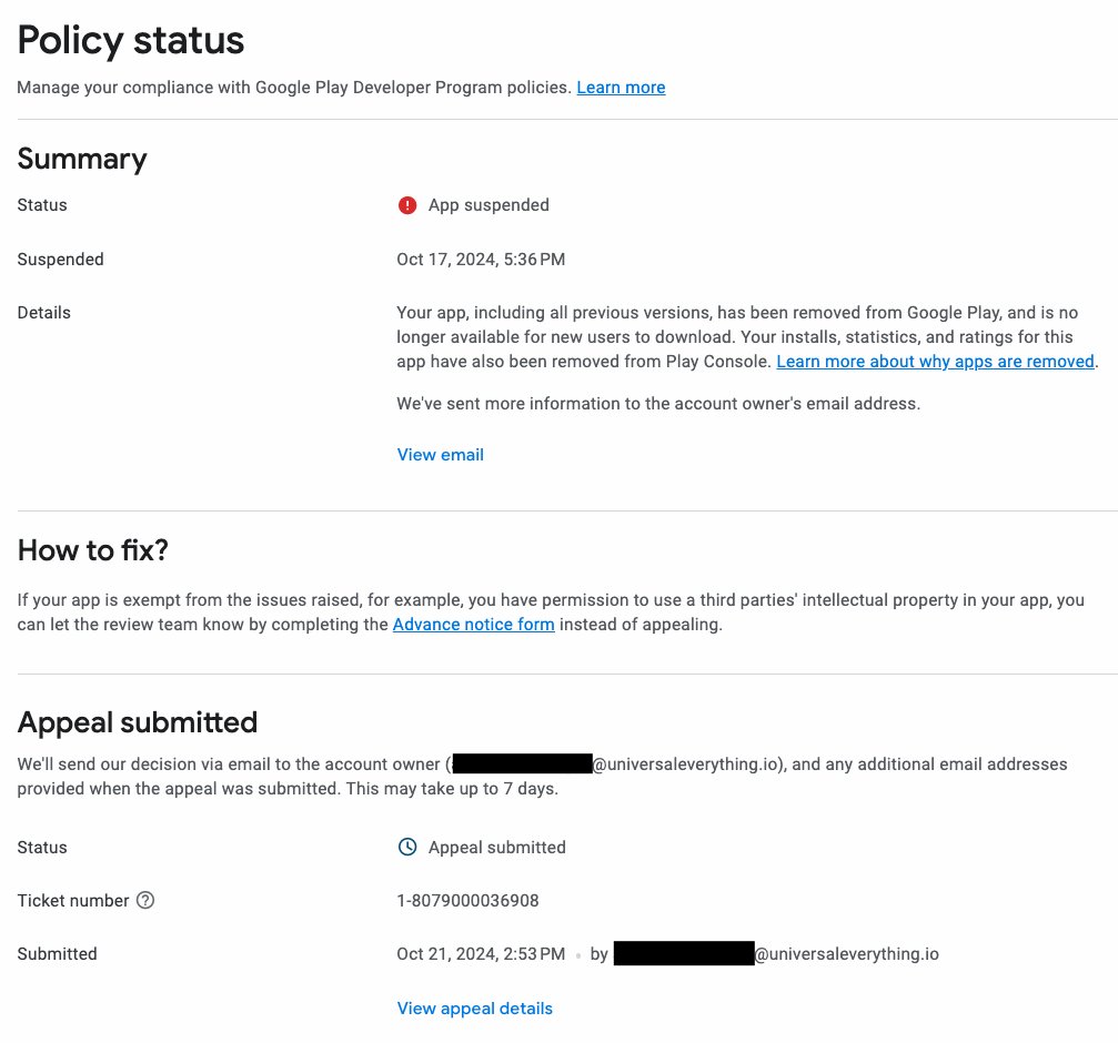 Hey <a href="/GooglePlay/">Google Play</a>, we’re eager to publish our #UniversalProfile mobile app (<a href="/ERC725Account/">Universal Profiles</a>) as our community is waiting patiently. However, our app was suspended due to a reviewer error during testing
(they used the wrong password🤦‍♂️)

It's surprising that <a href="/Apple/">Apple</a> review process was