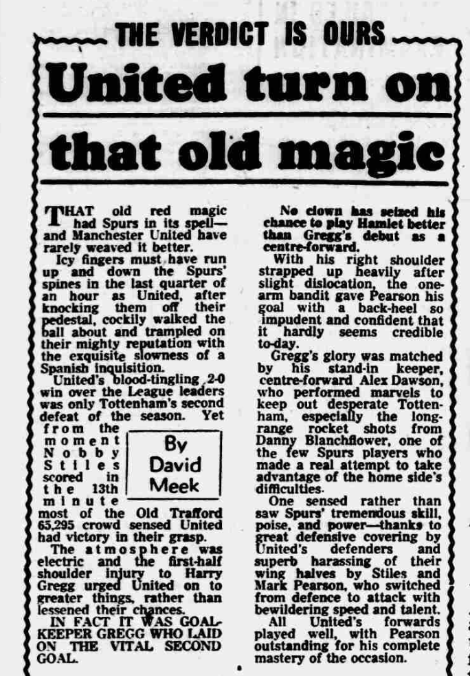 Wayne Barton (@waynesbarton) on Twitter photo A <a href="/ManUtd/">Manchester United</a> story you almost certainly did not know.
In January 1961 United played Spurs at Old Trafford. Harry Gregg dislocated his shoulder so, in these days before subs, played outfield.
Gregg set up the crucial second goal in a 2-0 win. With a backheeled assist!! A <a href="/ManUtd/">Manchester United</a> story you almost certainly did not know.
In January 1961 United played Spurs at Old Trafford. Harry Gregg dislocated his shoulder so, in these days before subs, played outfield.
Gregg set up the crucial second goal in a 2-0 win. With a backheeled assist!!