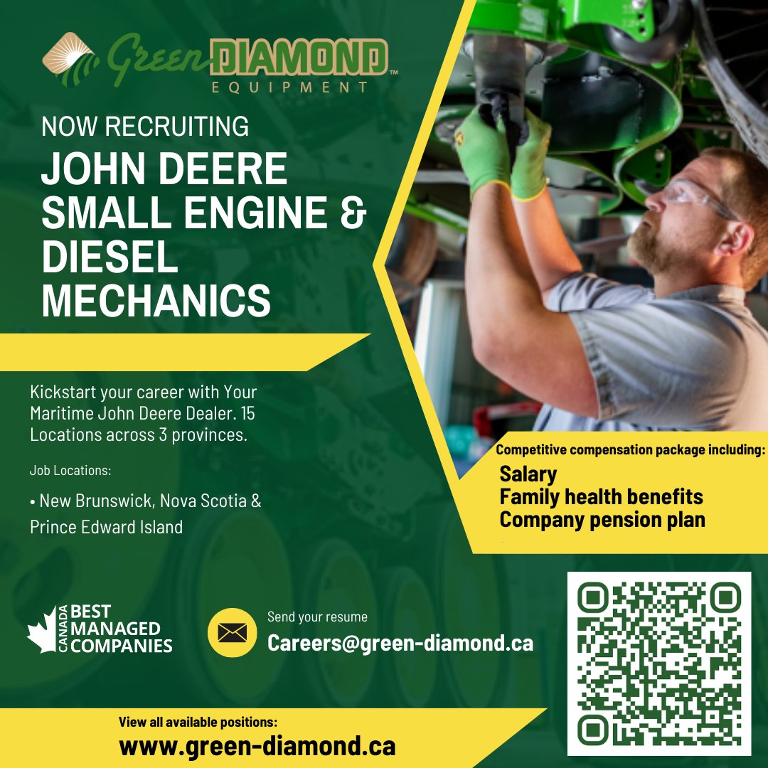 #gdecareers
#BestManaged
#WoodstockNB
We are currently looking for a skilled, dedicated person to fill the position of John Deere Small Engine &amp; Diesel Mechanic at our Woodstock, NB location.
Please see our full job posting ⬇️ …iamondequipment.talentpoolbuilder.com/John%2520Deere…
