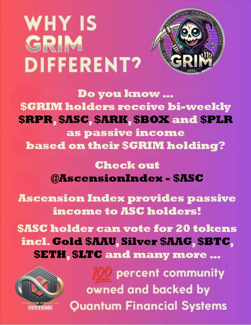 bobcrypto13's tweet photo. Check out the @First_Ledger #memecoin $GRIM @Grim_XRPL!  Not your ordinary #XRPL #memecoin! 100% community owned!

@Grim_XRPL has a descending circulating supply mechanism and a♻️ circular #passiveincome … receiving $RPR, $ASC, $ARK, $BOX and $PLR based on their $GRIM holding!

Second reward in the spotlight ASC - Ascension Index @AscensionIndex

Check out the WP: https://t.co/1lI58wBXNu

Based on the bi-weekly $ASC holder vote, Ascension Index  buys tokens at market price and provides these tokens as passive income “RAIN” based on their $ASC holding!

ASC holder can vote out of 20 tokens incl. @xSPECTAR, @xrpstik, @ClassyXoge, @Schmeckles_XRPL, Gold $AAU, Silver $AAG, $BTC, $ETH, $LTC and many more … also $GRIM!

Holding $ASC … don’t forget to set all these TL’s. Also you new @Grim_XRPL holders!

Follow Twitter: @Grim_XRPL
Follow TG account: https://t.co/X5fEXRAlSq
GRIM TL: https://t.co/jmEztFeVlS

Issued: November 4th
Issued Supply: 589,000,000
Burned: 🔥🔥🔥551,548,272🔥🔥🔥

Current Supply: 37,451,728 $GRIM

100% community owned!

NFA DYOR   Not affiliated, not paid, just informing!

$ASC $RPR $ARK $BOX $PLR $GRIM
@TheReaperCoin - @AscensionIndex - @ARKofTheReaper - @PiLLARS_PLR - @BuiltOnXRP