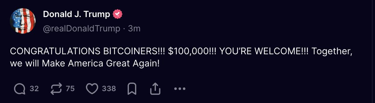 KobeissiLetter's tweet photo. BREAKING: President-elect Donald Trump congratulates #Bitcoin investors on hitting $100,000. https://t.co/Z3AmwM9Tkt