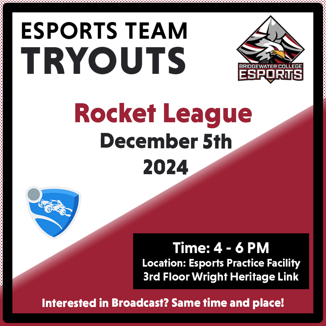 Team Tryouts begin NOW! Tryout for the Rocket League team today.

Time: 4:00 - 6:00 PM
Location: Esports Practice Facility on the 3rd Floor Wright and Heritage Link

Questions? Reach out to esports@bridgewater.edu
#bridgewatercollege #esports #team #gaming #tryouts #rocketleague