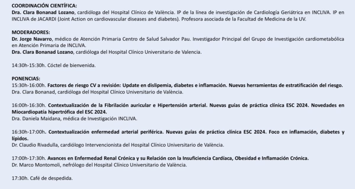 Miércoles 15 de ENERO de 2025 de 15.30-17.30h en Salón de Actos INCLIVA, repaso a la última evidencia de guías europeas de práctica clínica y últimos artículos de interés. PRESENCIAL. Link de inscripción: form.typeform.com/to/F7CtihNI <a href="/claurivare/">Claudio Rivadulla</a> <a href="/jorgenavper/">Jorge Navarro</a> <a href="/MaidanaDaniela_/">DANIELA MAIDANA</a>