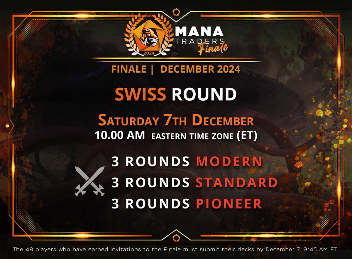 ManaTraders (@mana_traders) on Twitter photo Are all 48 players ready for Swiss? 
⚔️ Swiss Round - 10.00am (ET), Saturday 7th 
Good luck, do your best to make it to Double Elimination Round!  #mtgo #manatraders
🚨Attention invited players: Submit your decks by tomorrow, 9:45 AM ET! Are all 48 players ready for Swiss? 
⚔️ Swiss Round - 10.00am (ET), Saturday 7th 
Good luck, do your best to make it to Double Elimination Round!  #mtgo #manatraders
🚨Attention invited players: Submit your decks by tomorrow, 9:45 AM ET!