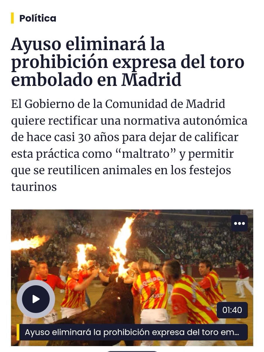 AnimaNaturalis's tweet photo. 🇪🇸🐂 Mientras el Toro Jubilo 2024 fue cancelado porque el juez considera que la tradición no justifica el sufrimiento animal, @IdiazAyuso ¡quiere que los toros embolados vuelvan a Madrid después de 30 años!

¡Esto es una auténtica aberración, @ComunidadMadrid!

https://t.co/ySHTTrLM3e ✍️
