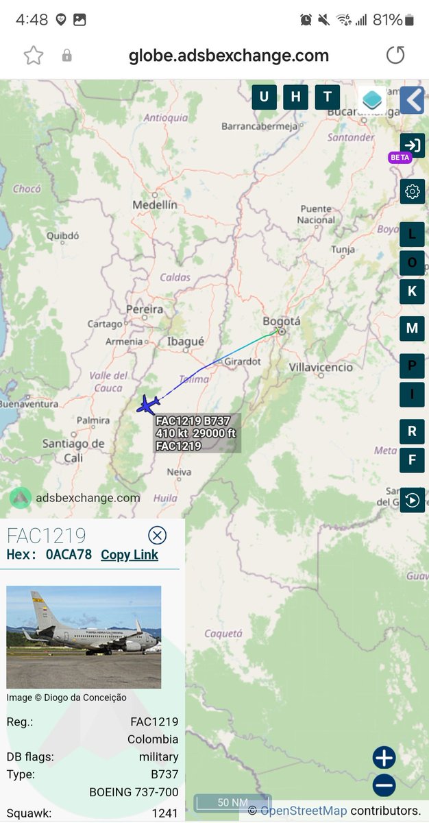 Borrowed7Time's tweet photo. Colombian Air Force B737-732 FAC1219 #0ACA78 departed Bogota, descending to Popayán. 

This is another LADD-listed FAC aircraft. 
@SA_Defensa @LatAmMilMVMTs @sipjack1776 https://t.co/dZ9qP33IdM
