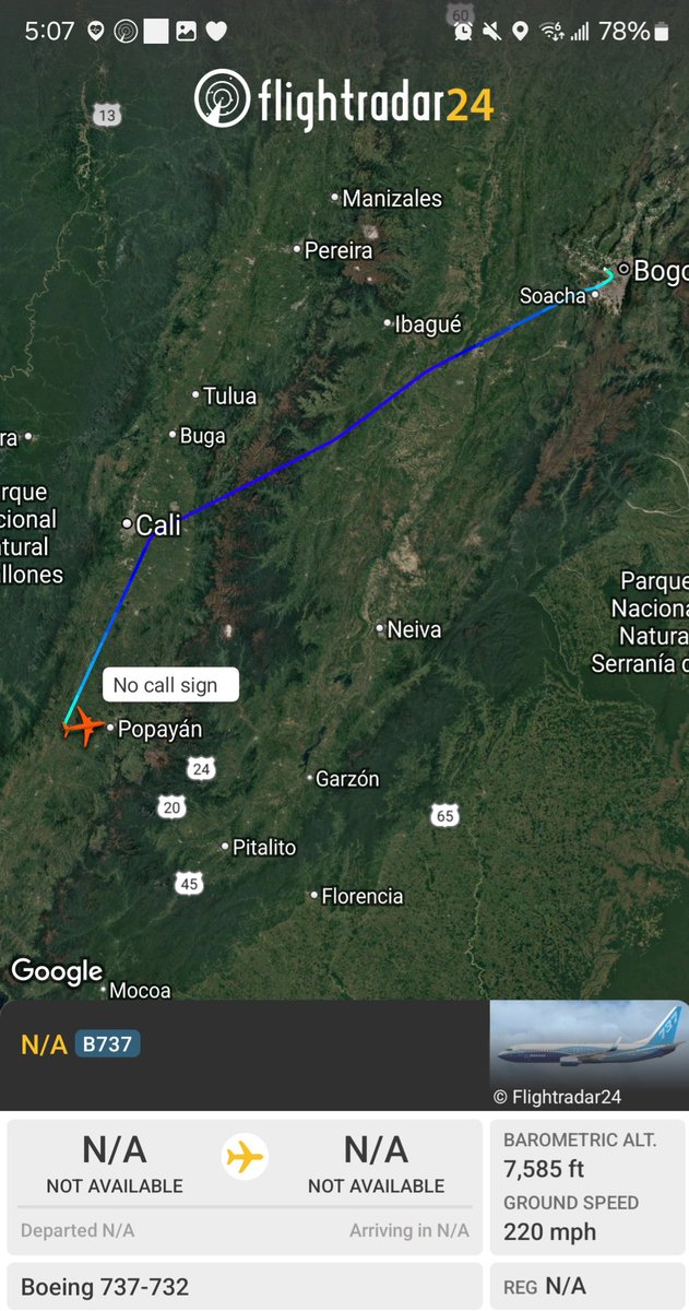 Borrowed7Time's tweet photo. Colombian Air Force B737-732 FAC1219 #0ACA78 departed Bogota, descending to Popayán. 

This is another LADD-listed FAC aircraft. 
@SA_Defensa @LatAmMilMVMTs @sipjack1776 https://t.co/dZ9qP33IdM