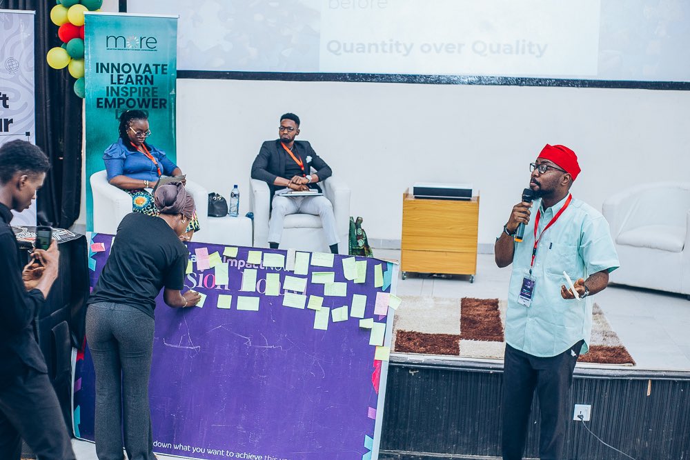 CareerImpactNow's tweet photo. At our Career Fair 2.0, held at the University of Ibadan, students participated in an engaging workshop on problem-solving. They were asked to identify challenges they face, write them down, and post them on a board—a powerful exercise in reflecting on real-world issues. https://t.co/2oyYo5EpFC