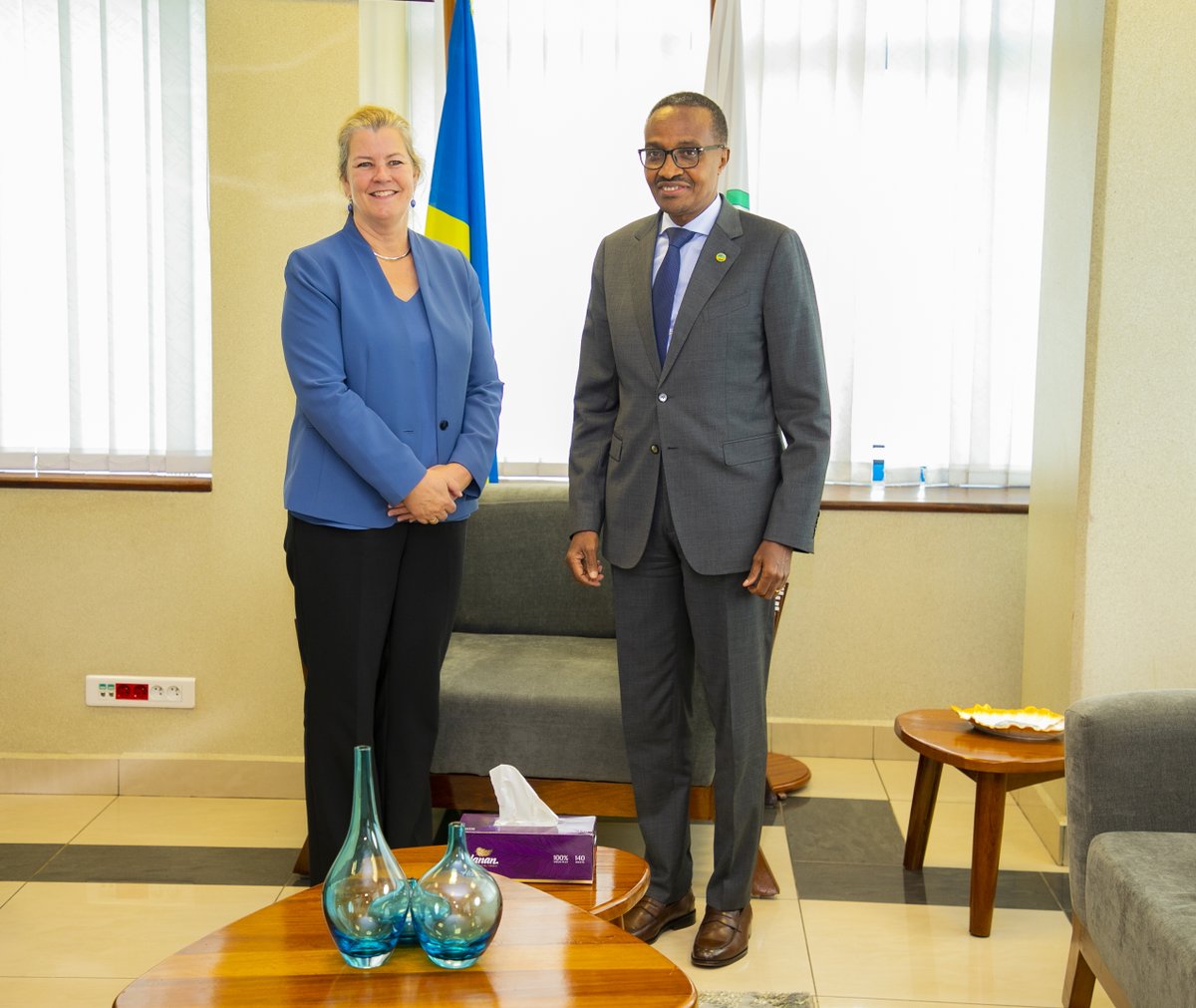 RwandaEmergency's tweet photo. Today, Minister Maj Gen (Rtd) Albert Murasira welcomed UNHCR Deputy High Commissioner @KellyTClements. The Minister shared insights into Rwanda’s initiatives &amp; pledges to protect &amp; support refugees, highlighting the commitment to ensuring their safety and economic opportunities. https://t.co/BLK2bjJhyf
