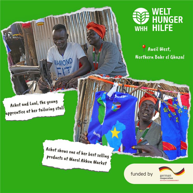 Meet Achot: #Entrepreneur, breadwinner &amp; aspiring farmer. Starting with a <a href="/BMZ_Bund/">Bundesentwicklungsministerium</a> -funded sewing machine, she turned a small market stall into a thriving business, supporting her family &amp; #community. Now, she even has time to farm 🌽#FoodSecurity #SouthSudan #SSOT