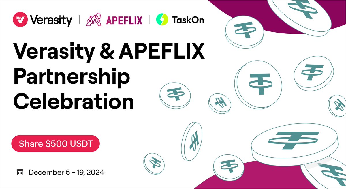 verasitytech's tweet photo. Celebrate our recent partnership with @ApeflixOfficial 🥂

Join our @taskonxyz campaign to spread the word and stand a chance to share a $500 USDT prize pool!

🎯 Complete all tasks to enter: https://t.co/0xORDWbd9s
📅 Until December 19, 2024 https://t.co/qtUsoMyZHR