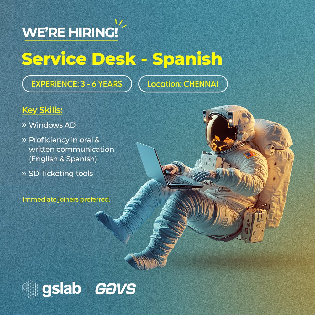 _gslab's tweet image. We’re Hiring!

Join Our Team as a ServiceDesk Specialist—Spanish!! 

 Know more and APPLY here: bit.ly/3ZEZXi8. and we shall reach out to you

#BestPlaceToWorkFor2024  #ServiceDesk #Spanish  #Chennai #ChennaiITJobs 

bit.ly/2N1VWOO