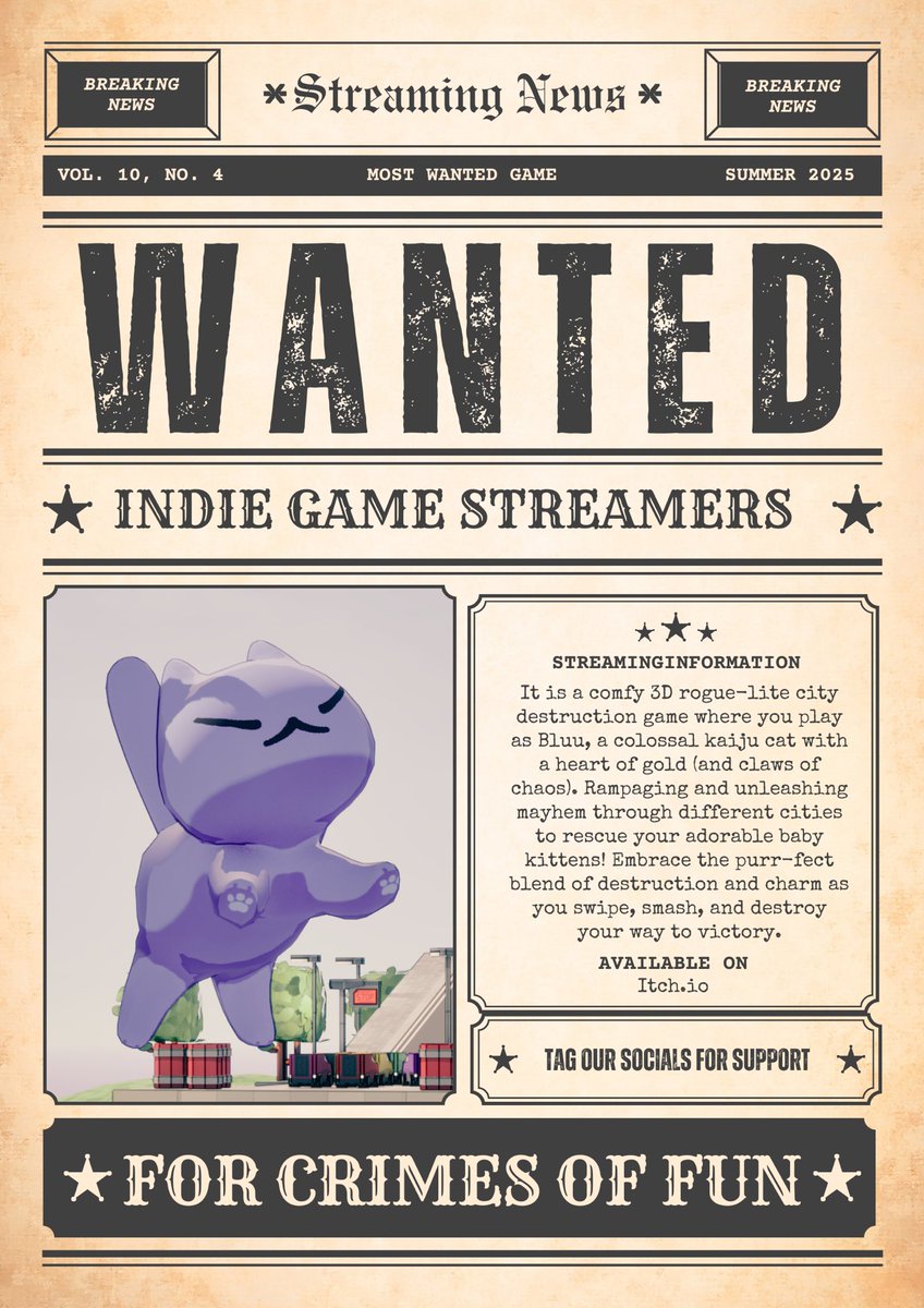That’s right! #streamerswanted for the demo of Cat-a-strophic on itch.io ! Make sure to let us know when you’re streaming it so we can support! 💙