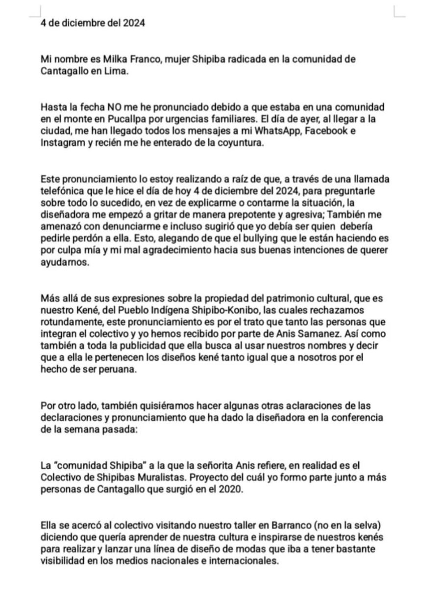 RicLaTorreZ's tweet photo. Lo de Anís Samanez ya no es considerado frivolidad, sino estupidez. Una mujer shipiba que además, ha trabajado para ella, la denuncia públicamente de haberla llamado y amenazado hasta con demandar porque “ella tiene la culpa del bullying que le hacen”. https://t.co/s2vHC5XbCI
