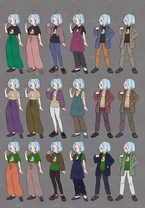 緑をどう着るか考えてただけ楽しくなって配色遊んでたけど、ファッションセンスは無いから気にしないで!#ぐろめるファンアート(せるふ) 