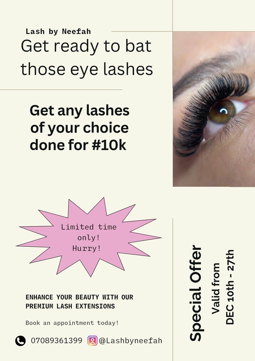 0x_snow's tweet photo. New Design Alert! 🎉

Just completed a flyer and logo design for Lash by Neefah, a brand that enhances beauty with premium lash extensions! 

#GraphicDesign  #canva #VirtualAssistant #remoteVA #CreativityInAction https://t.co/WX8fIkihwg