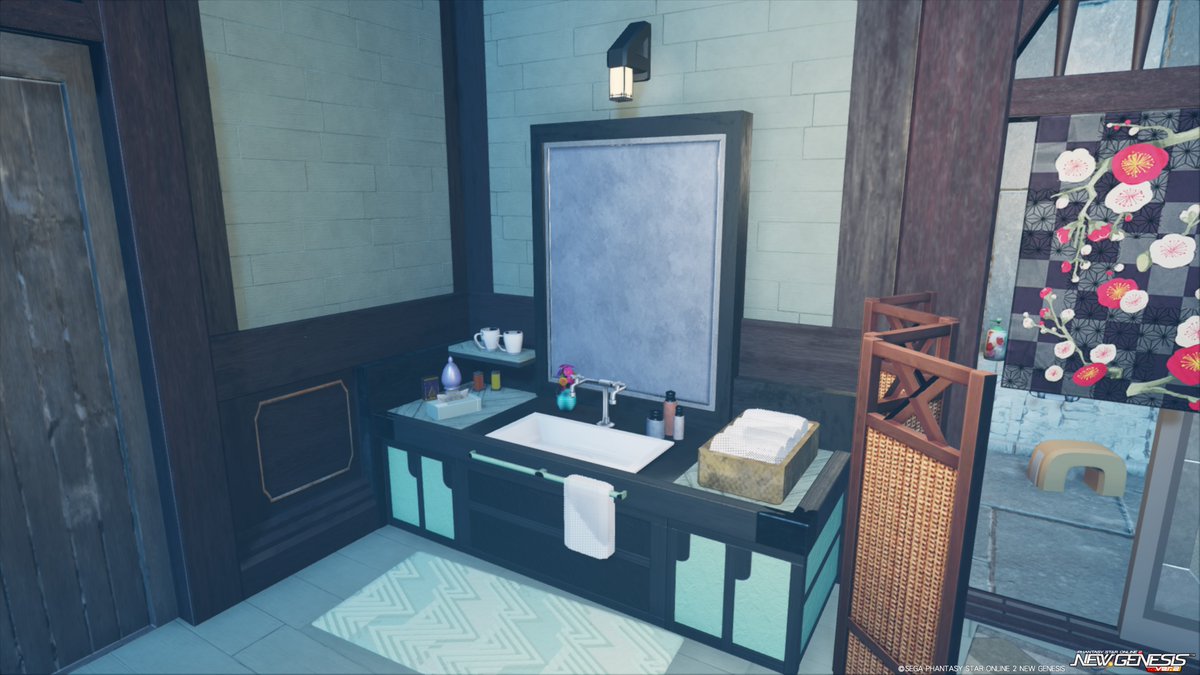 kai_n's tweet image. #PSO2NGS #クリエイティブスペース
1. 洗面所。鏡が大きすぎたかもしれない。
2. 二槽式洗濯機。愛妻号のつもり。
3. 風呂場は引き戸にしたかったので頑張った。
4. 石の浴槽。いたそう。洗面台の反対側は蓋でごまかした。