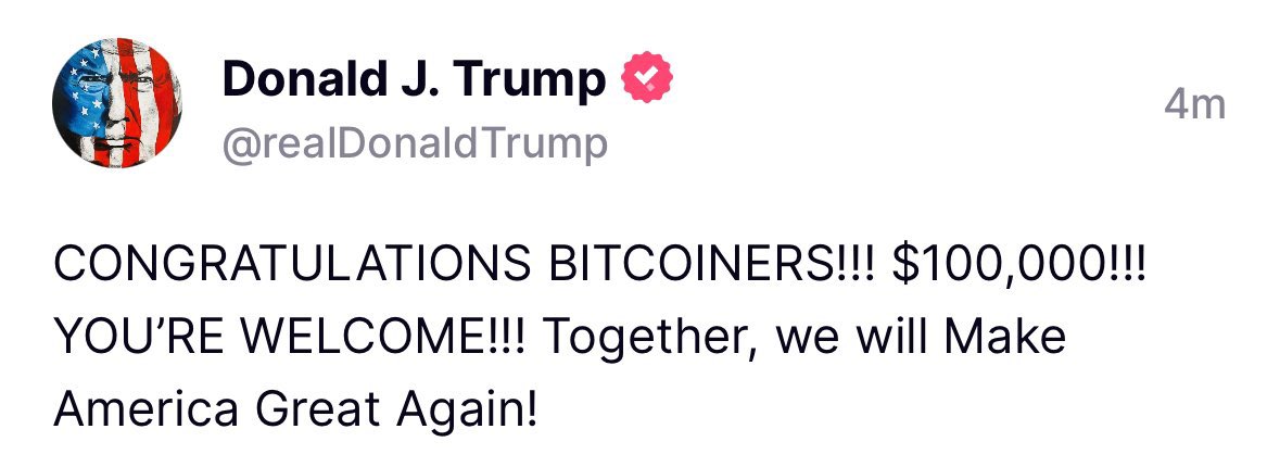 thevalleycrypto's tweet photo. JUST IN: President Donald Trump congratulates #Bitcoin holders for hitting $100K https://t.co/3UAeBh71JO