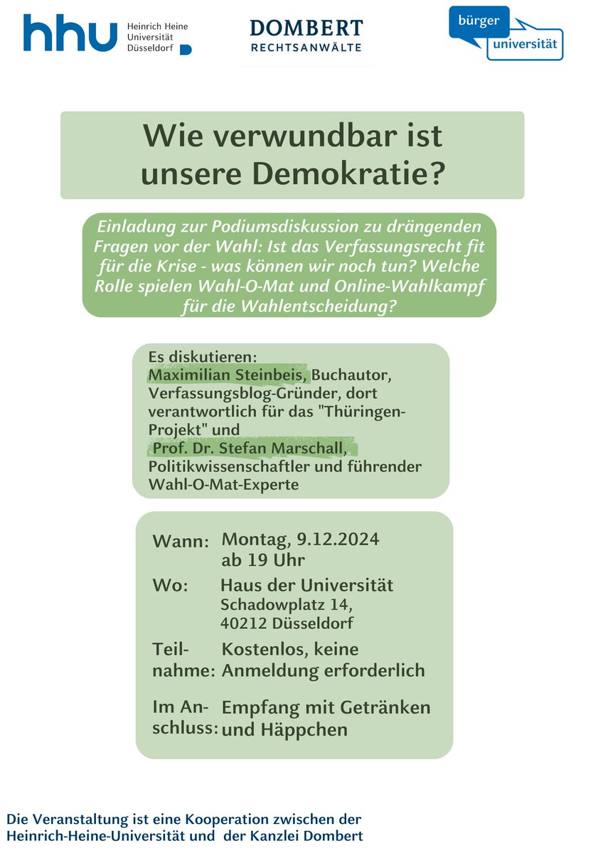 Jasmin Pfeifer (@jaspfeifer) on Twitter photo Und noch ein ganze tolles WissKomm Event <a href="/HHU_de/">Heinrich-Heine-Universität Düsseldorf</a> <a href="/teambuergeruni/">Team Bürgeruni</a>:
Kommt alle am Montag, dem 09.12., um 19 Uhr im HdU vorbei und diskutiert mit Prof. Stefan Marschall und Maximilian Steinbeis von <a href="/Verfassungsblog/">Verfassungsblog</a> darüber wie verwundbar unsere Demokratie ist! (Im Anschluss Snacks) Und noch ein ganze tolles WissKomm Event <a href="/HHU_de/">Heinrich-Heine-Universität Düsseldorf</a> <a href="/teambuergeruni/">Team Bürgeruni</a>:
Kommt alle am Montag, dem 09.12., um 19 Uhr im HdU vorbei und diskutiert mit Prof. Stefan Marschall und Maximilian Steinbeis von <a href="/Verfassungsblog/">Verfassungsblog</a> darüber wie verwundbar unsere Demokratie ist! (Im Anschluss Snacks)
