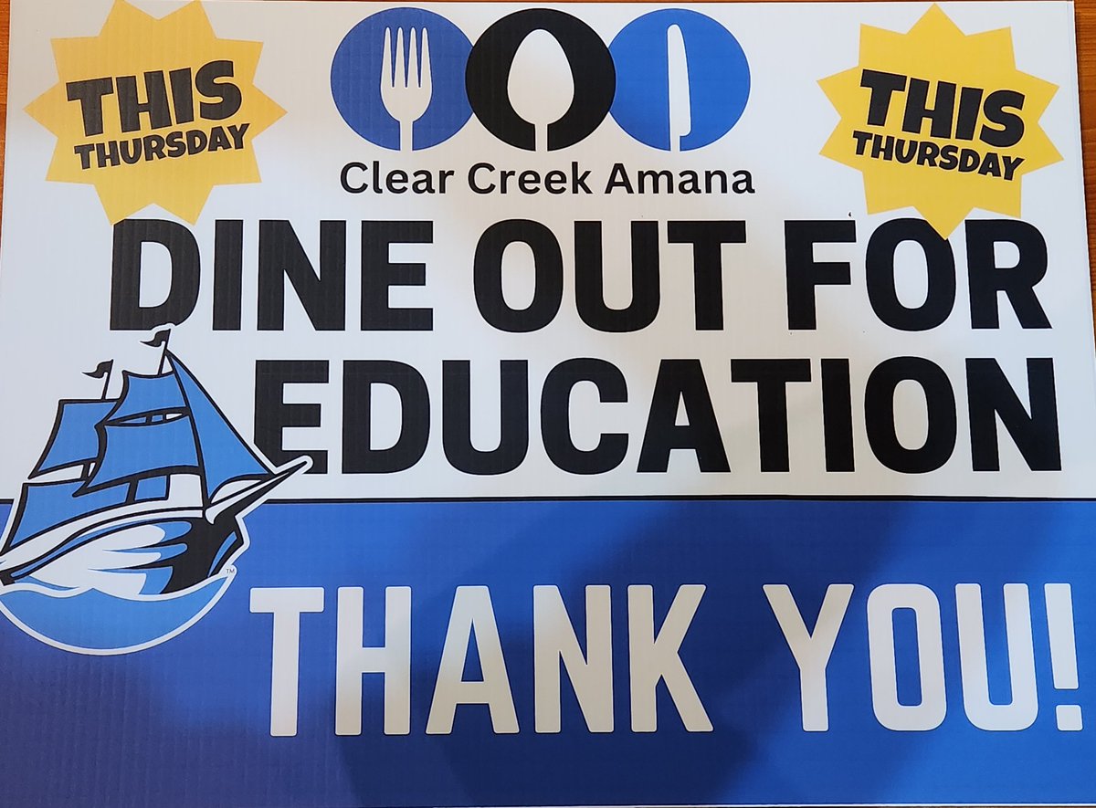 Foundation4CCA's tweet photo. TODAY - TODAY - TODAY
It's finally here, DINE OUT for EDUCATION!
Today, you can support the Clear Creek Amana Foundation by eating at or doing carry out at any of our amazing restaurants listed on this flyer.
Your support will allow the Foundation to do even more for the CCACSD. https://t.co/GsH6EdStMw