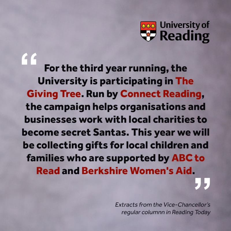 UniofReading's tweet photo. December is here, and while we start shopping for gifts, many of us are also thinking about the seasonal tradition of looking out for those less fortunate than ourselves.
Speaking in his @RdgToday column, @VandeNoort outlined @UniofReading's commitment to charity. #UniForReading