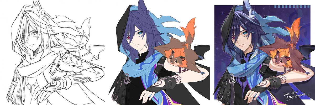 「制作過程です ( 下書き→下塗り→仕上げ )」|カラナシ マリのイラスト