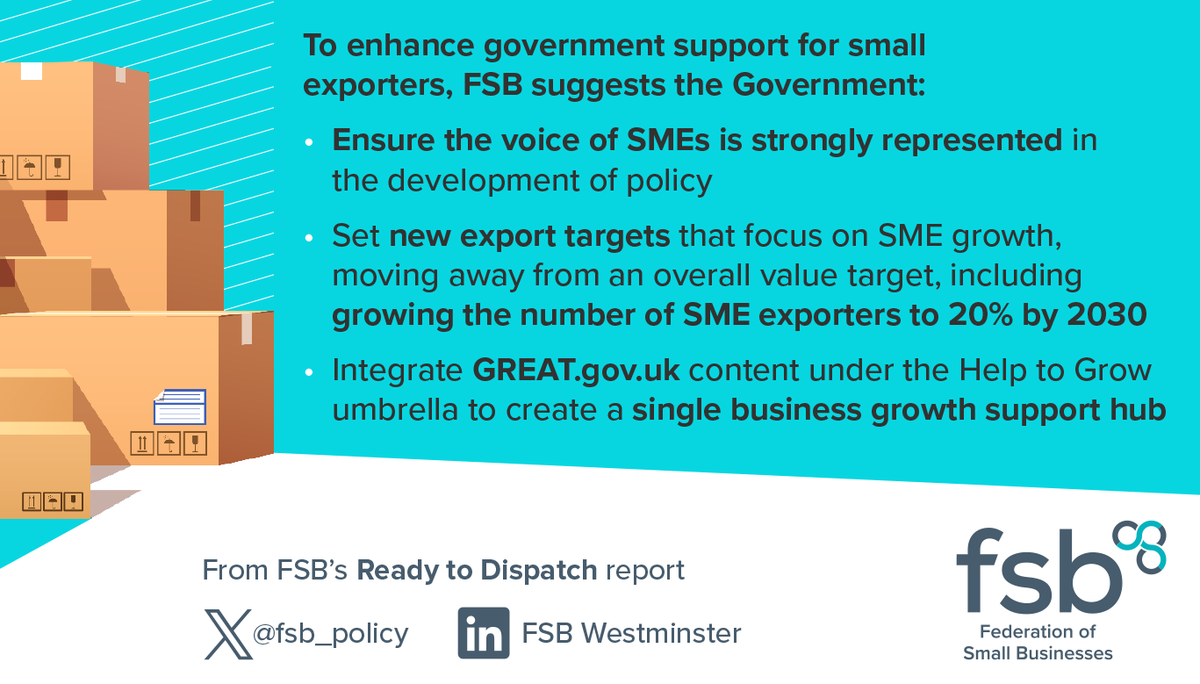 fsb_policy's tweet image. 💡 We've pulled together a package of recommendations to enhance existing Government support for ambitious and aspiring small exporters 🚢
 
More in our new #ReadyToDispatch report 🔗 fsb.org.uk/resource-repor…