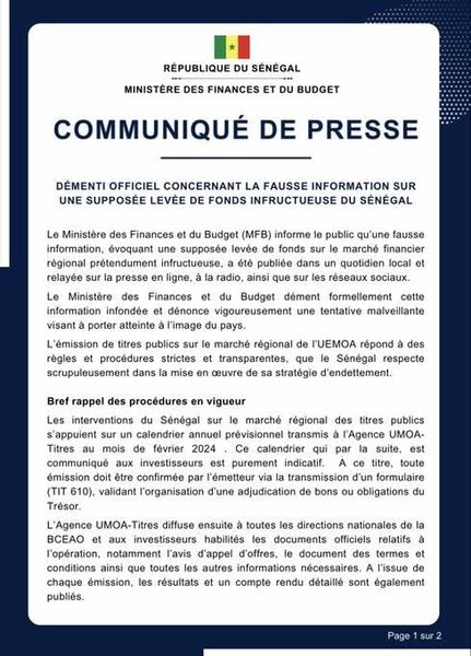 AfreecainL70834's tweet photo. DÉMENTI OFFICIEL CONCERNANT LA FAUSSE INFORMATION SUR UNE SUPPOSÉE LEVÉE DE FONDS INFRUCTUEUSE DU SÉNÉGAL.

Jamais vu des intellectuels aussi malhonnête que @YoroDIA18  @MadiambalD. 
Ces deux v devraient est convoqués. #Sénégal #Finance #MFB #MinFinSn #Finance #Vision2050 https://t.co/6iHQIQD0YA