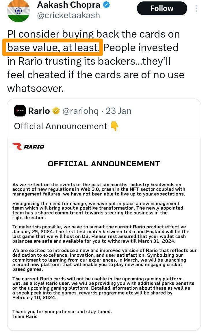 Abhi_crickt's tweet photo. Do u remember promoting an app @rariohq like a salesman last year??

U said invest here “Doobne ka koi chance nahin” par 1 saal mein “Doob gayi”

* Rario users hv been asking u to raise the matter in nicest possible way for last 12 months, but SHAMELESS SPINELESS FRAUDS like u don’t understand RESPONSIBILITY, CIVILITY & GENEROSITY. 

** U just did a formal tweet once asking @rariohq to BUYBACK @ BASE PRICE, atleast…. But did they?? And if they didn’t, did u follow up??

“ Ghar mein chori ho jayegi toh bas twitter pe ekbaar formality karoge ya usko follow up karoge jabtak kuch action nahin hota “

* Did u demand any accountability from @Dream11 @harshjain85 ??

10k+ Rario users are in turmoil and u r shamelessly enjoying in oslo through money gathered from such promotions…

You played for India, has 4M+ followers, if u would have persistently raised the matter with sincerity and purpose then #dream11 would have done BUYBACK above BASE PRICES by now, but for you, more important is to be subservient to @DreamSportsHQ & bend in front of them to get FUTURE CONTRACTS.

You don’t have the gumption to demand ACCOUNTABILITY from them, but just block users on Twitter… 
Yeh msg padh aur BLOCK KAR, aur KUCH NAHIN HOGA TUJHSE

#RarioBuyback 

@sachin_rt @virendersehwag @snehakumarreddy @cric11forecast @FantasycricPro @peeyushsharmaa @CricInformer @CricCrazyNIKS @shubh_vachan @CricCrazyJohns @mufaddal_vohra @jatinsapru @StatsGuruji786 

#BGT #MaharashtraCM #ViratKohli #pushpa2 #Pushpa2TheRule #cdsl 
#Dream11Rarioscam #Rarioscam 
#NFT