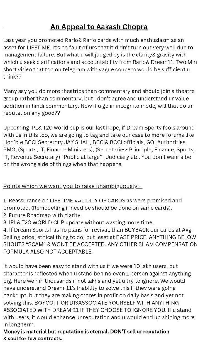 Abhi_crickt's tweet photo. Do u remember promoting an app @rariohq like a salesman last year??

U said invest here “Doobne ka koi chance nahin” par 1 saal mein “Doob gayi”

* Rario users hv been asking u to raise the matter in nicest possible way for last 12 months, but SHAMELESS SPINELESS FRAUDS like u don’t understand RESPONSIBILITY, CIVILITY & GENEROSITY. 

** U just did a formal tweet once asking @rariohq to BUYBACK @ BASE PRICE, atleast…. But did they?? And if they didn’t, did u follow up??

“ Ghar mein chori ho jayegi toh bas twitter pe ekbaar formality karoge ya usko follow up karoge jabtak kuch action nahin hota “

* Did u demand any accountability from @Dream11 @harshjain85 ??

10k+ Rario users are in turmoil and u r shamelessly enjoying in oslo through money gathered from such promotions…

You played for India, has 4M+ followers, if u would have persistently raised the matter with sincerity and purpose then #dream11 would have done BUYBACK above BASE PRICES by now, but for you, more important is to be subservient to @DreamSportsHQ & bend in front of them to get FUTURE CONTRACTS.

You don’t have the gumption to demand ACCOUNTABILITY from them, but just block users on Twitter… 
Yeh msg padh aur BLOCK KAR, aur KUCH NAHIN HOGA TUJHSE

#RarioBuyback 

@sachin_rt @virendersehwag @snehakumarreddy @cric11forecast @FantasycricPro @peeyushsharmaa @CricInformer @CricCrazyNIKS @shubh_vachan @CricCrazyJohns @mufaddal_vohra @jatinsapru @StatsGuruji786 

#BGT #MaharashtraCM #ViratKohli #pushpa2 #Pushpa2TheRule #cdsl 
#Dream11Rarioscam #Rarioscam 
#NFT