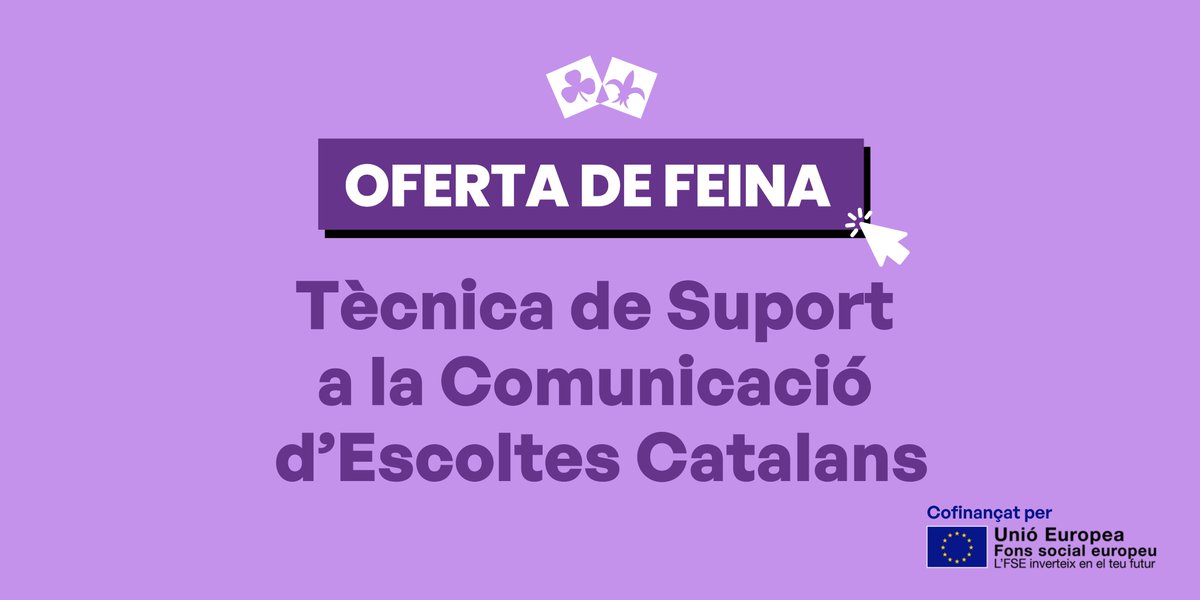#OfertadeFeina | 📢 Obrim convocatòria per una plaça de tècnica de Suport a la Comunicació d’Escoltes Catalans. 

📝Oferta vinculada al Programa per a persones entre 16 i 29 anys (SOC – JOVES EN PRÀCTIQUES), cofinançat per la Unió Europea.

🗓️ Fins 02/01
tinyurl.com/4dps9zfm