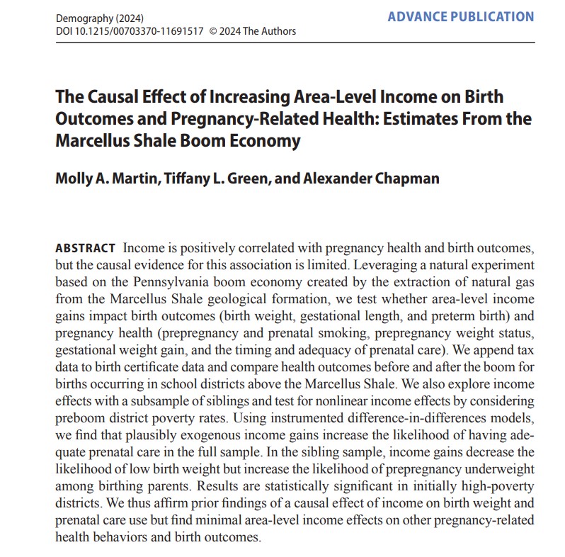 Demography Journal (@readdemography) on Twitter photo “The Causal Effect of Increasing Area-Level Income on Birth Outcomes”: In a study of the PA Marcellus Shale economy, <a href="/socmolly/">Molly A. Martin</a> <a href="/Tiffany_L_Green/">Tiffany Green is now tiffanylgreen.bsky.social</a> & A Chapman find that a $1K gain in mean income correlates w/ a 1.5-pp drop in low birth weight. <a href="/UPennPRC/">UPenn Prevention Research Center</a> ow.ly/eVqQ50UlL46 “The Causal Effect of Increasing Area-Level Income on Birth Outcomes”: In a study of the PA Marcellus Shale economy, <a href="/socmolly/">Molly A. Martin</a> <a href="/Tiffany_L_Green/">Tiffany Green is now tiffanylgreen.bsky.social</a> & A Chapman find that a $1K gain in mean income correlates w/ a 1.5-pp drop in low birth weight. <a href="/UPennPRC/">UPenn Prevention Research Center</a> ow.ly/eVqQ50UlL46