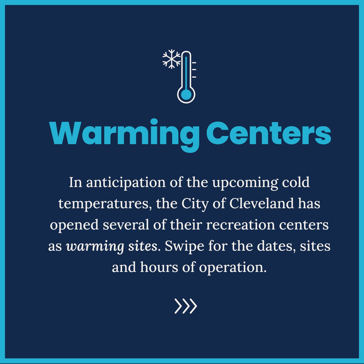 CityofCleveland's tweet photo. The Division of Recreation will open warming centers today, 12/5/24, for those in need of shelter.

Anyone seeking overnight shelter should call 211 who will be able to connect you with a variety of shelter and housing overnight options that best meet each individual’s needs. https://t.co/HYBzk5dY4v