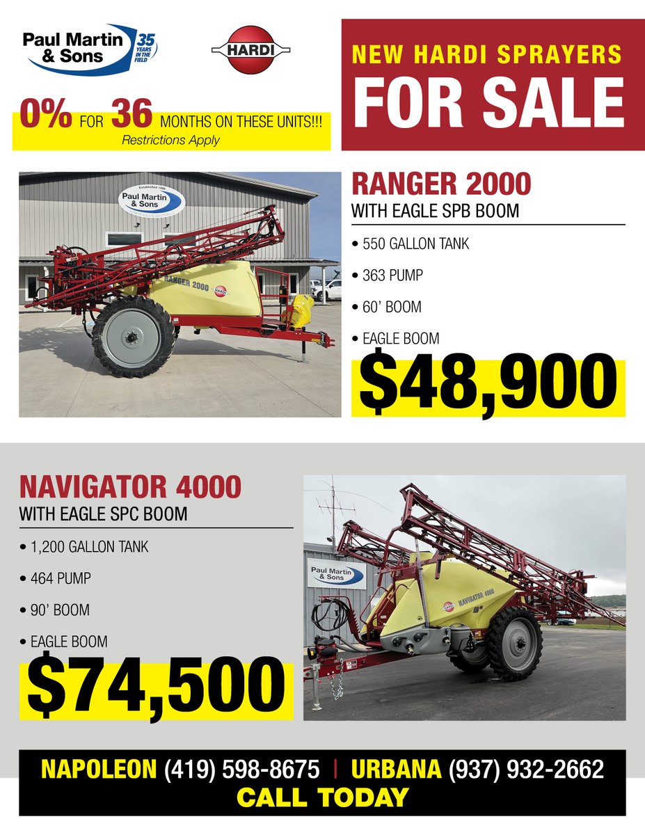 We got a GREAT deal on new and used sprayers on the lot!  0% financing for 36 months!  Check out all of our Hardi inventory at tinyurl.com/55kxddnx
#hardisprayers #plant25