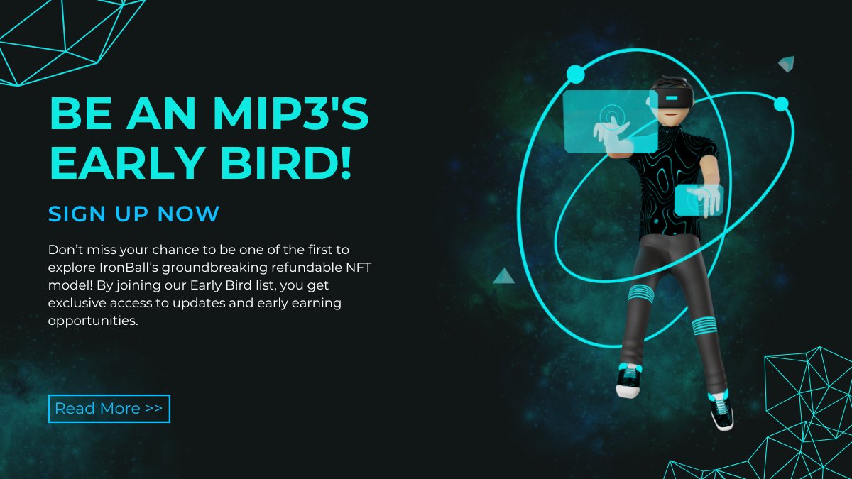 honoprotocol's tweet photo. Invitation to Join the MIP3's Early Bird Program!!
Embrace the Future of NFTs with Pioneering Access

We invite you to become a leading member of the IronBall community and experience our innovative, refundable NFT model firsthand. Securing a position on the MIP3's Early Bird List grants you a significant advantage in this groundbreaking initiative.

Exclusive Benefits for Early Adopters

🔸 Priority Entry: Be among the first to embark on the MIP3 journey and ensure your place before the official launch.

🔸 Platform Access: Enjoy privileged access to the platform before the general public, allowing you to explore its functionality and potential in advance.

🔸 Unparalleled Opportunities: Benefit from exclusive benefits reserved for early adopters, including [mention specific benefits if available].
Forge the Path, Shape the Future

By joining the Early Bird List, you actively participate in shaping the future of NFTs. Together, we can establish a groundbreaking ecosystem that redefines the potential of this transformative technology.

Register Now

Access the registration form here: https://t.co/2vKilg3Ul0

#NFTCommunity #EarlyAccess #NFTs #Crypto #CryptoCommunity #Blockchain #MIP3
