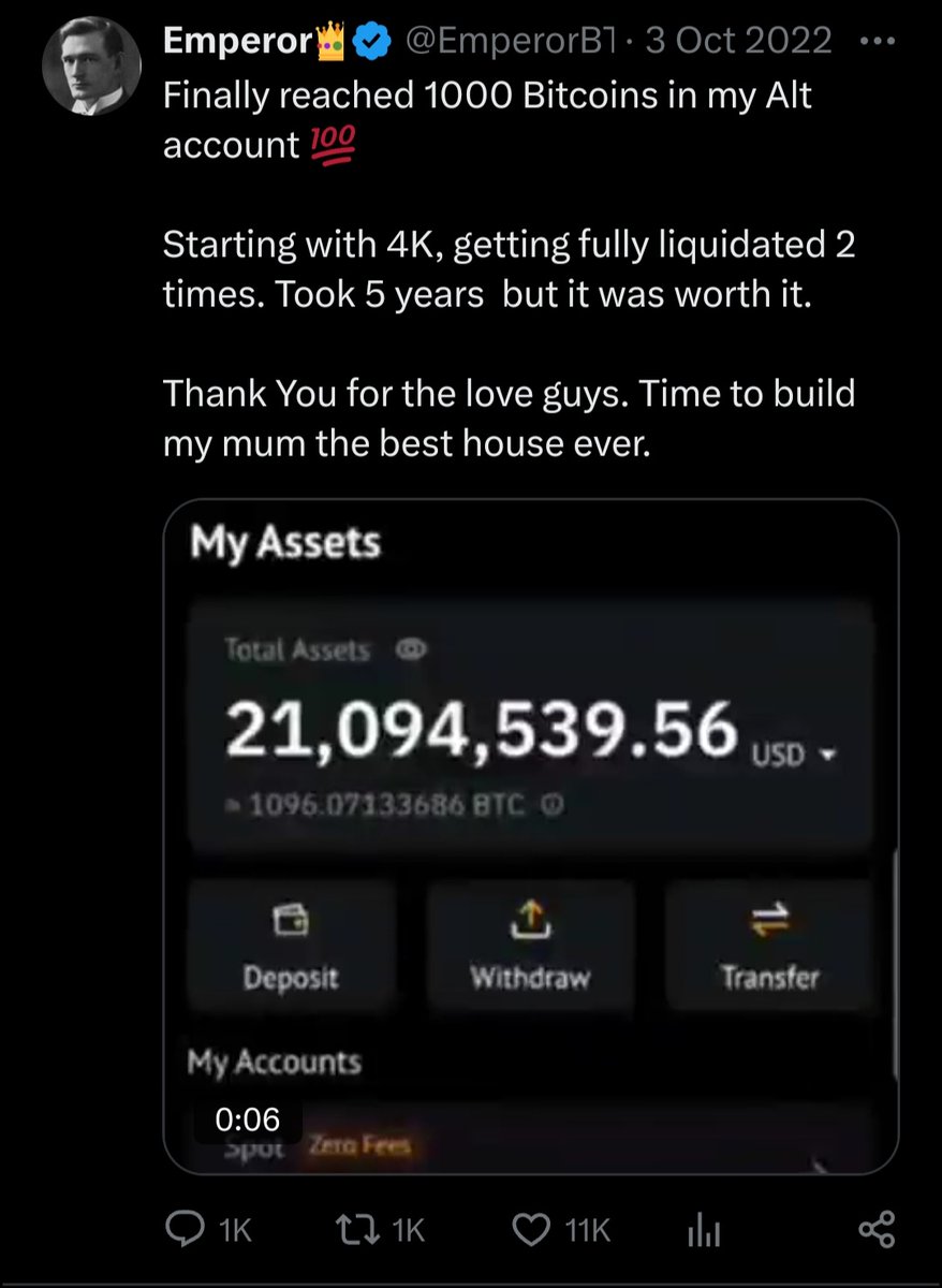 EmperorBTC's tweet photo. My low IQ Crypto Twitter story.

Cried tears of joy when I hit 200 BTC 4 years ago, promising myself to reach 1000 BTC and retire. 

Hit 250 BTC just 2 months later and 1000 BTC one year after but never retired, too addicted! https://t.co/t45SDvSWNF