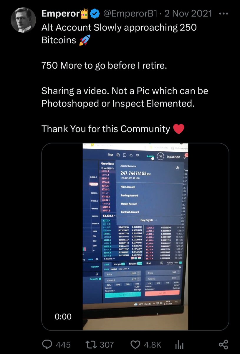 EmperorBTC's tweet photo. My low IQ Crypto Twitter story.

Cried tears of joy when I hit 200 BTC 4 years ago, promising myself to reach 1000 BTC and retire. 

Hit 250 BTC just 2 months later and 1000 BTC one year after but never retired, too addicted! https://t.co/t45SDvSWNF