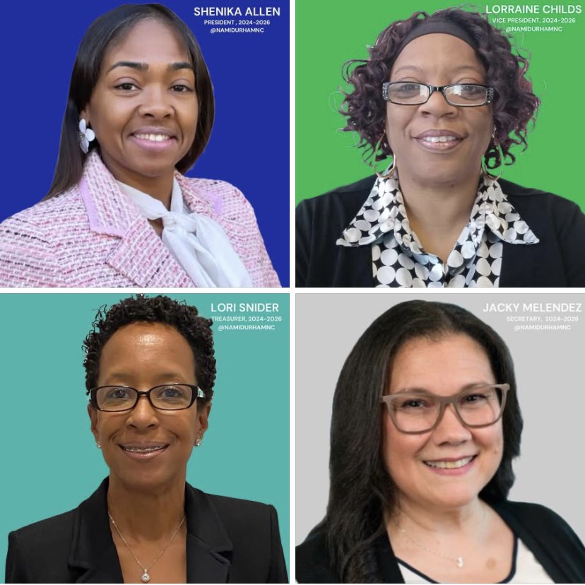 Dear NAMI Durham Members,

Today, we announce the newly elected Executive Board of Directors for the 2024-2026 term. 

•Shenika Allen  – President
•Lorraine Childs –Vice President
•Lori Snider – Treasurer
•Jacky Melendez – Secretary