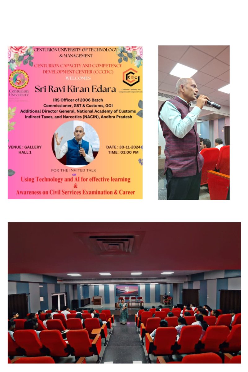 CUTM_AP's tweet image. Sri Ravi Kiran Edara, IRS Officer, shared insights on AI for career readiness and Civil Services Exams, inspiring students at Centurion University.

#CompetencyDevelopment #AIInEducation #Leadership